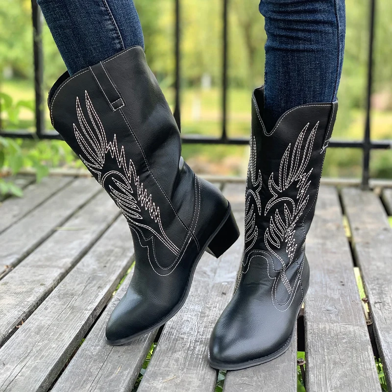 2024 Classic Embroidered Western Cowboy Boots for Women Leather Cowgirl Boots Low Heels Shoes Knee High Woman Boots Size36-43