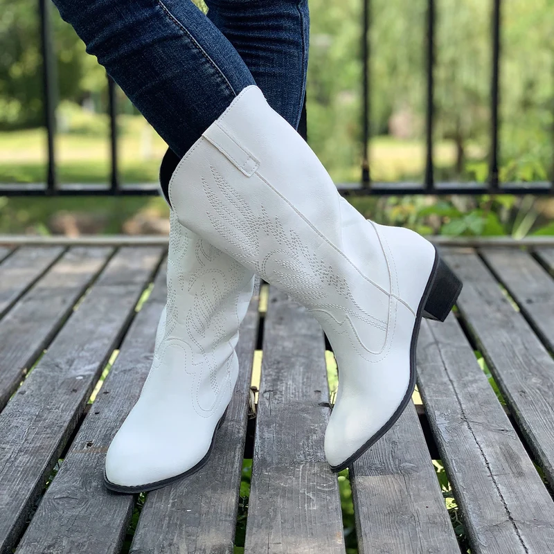 2024 Classic Embroidered Western Cowboy Boots for Women Leather Cowgirl Boots Low Heels Shoes Knee High Woman Boots Size36-43