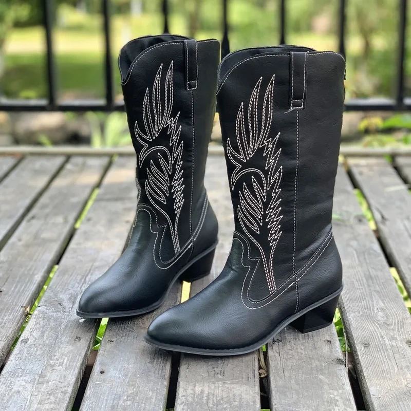 2024 Classic Embroidered Western Cowboy Boots for Women Leather Cowgirl Boots Low Heels Shoes Knee High Woman Boots Size36-43