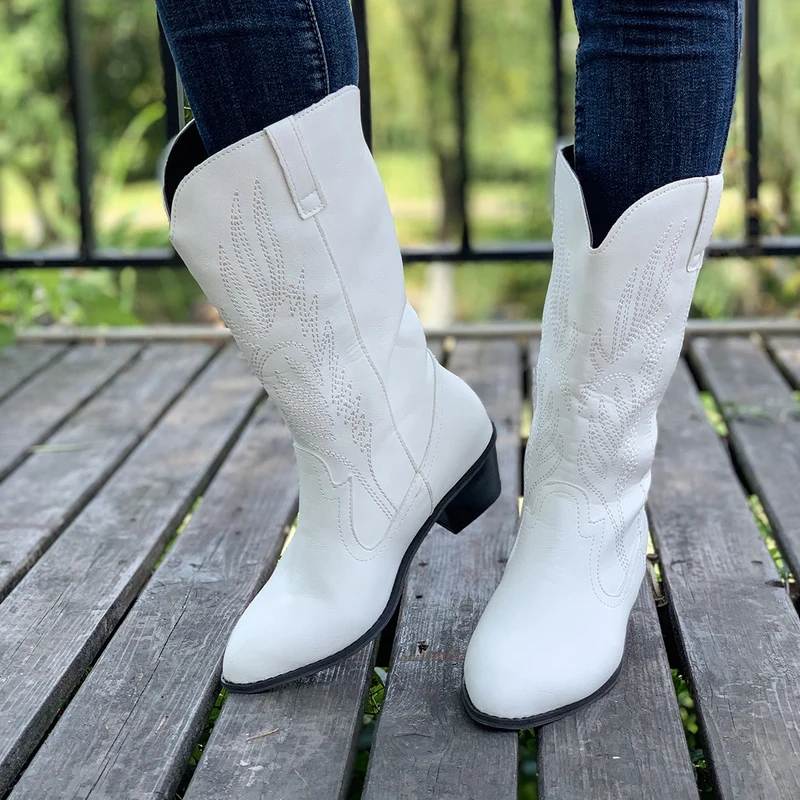 2024 Classic Embroidered Western Cowboy Boots for Women Leather Cowgirl Boots Low Heels Shoes Knee High Woman Boots Size36-43