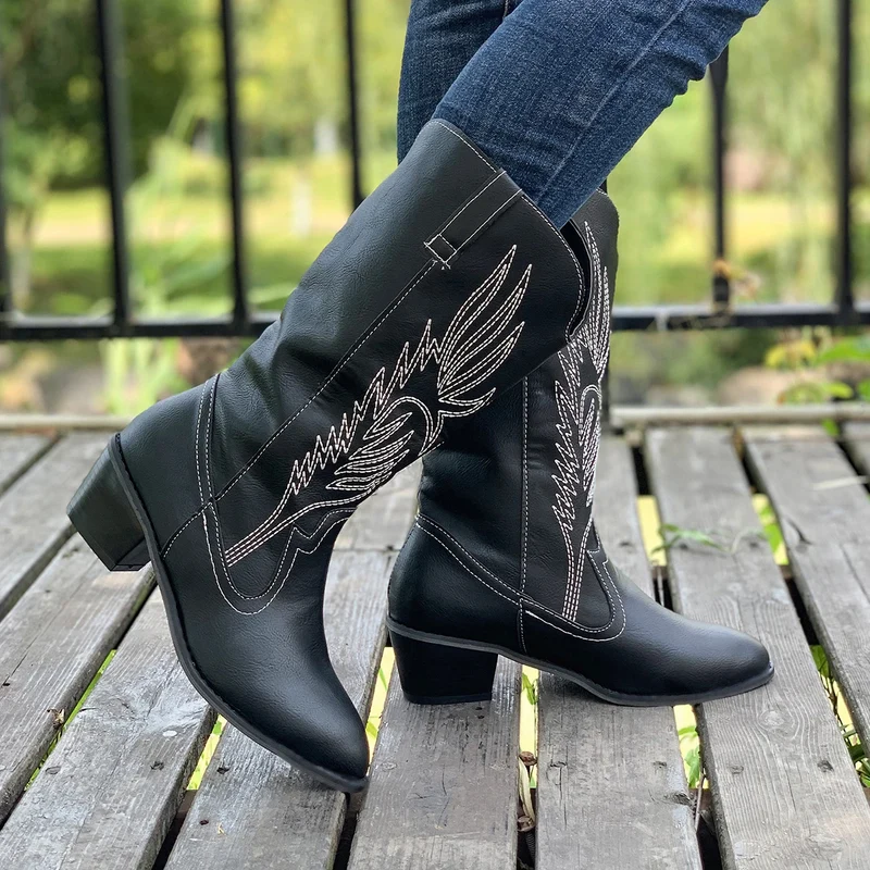 2024 Classic Embroidered Western Cowboy Boots for Women Leather Cowgirl Boots Low Heels Shoes Knee High Woman Boots Size36-43