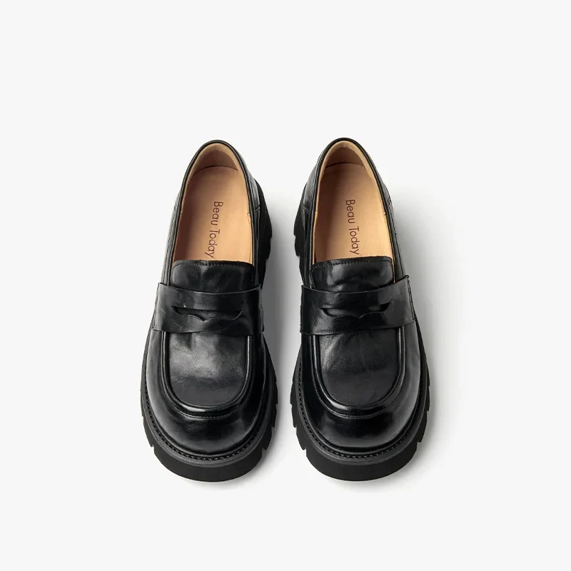 BEAUTODAY Platform Loafers Women Embossing Cow Leather Dress Shoes Ladies Slip-on Flats Spring Autumn Handmade 26635