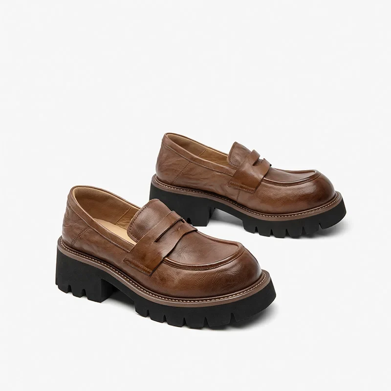 BEAUTODAY Platform Loafers Women Embossing Cow Leather Dress Shoes Ladies Slip-on Flats Spring Autumn Handmade 26635