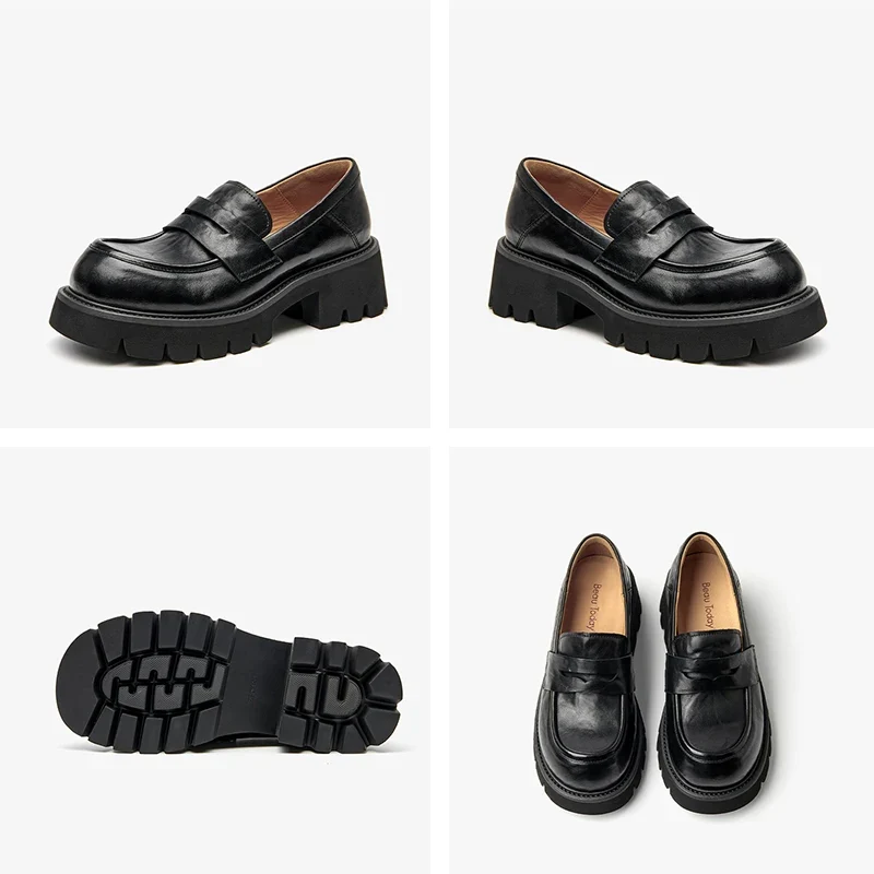 BEAUTODAY Platform Loafers Women Embossing Cow Leather Dress Shoes Ladies Slip-on Flats Spring Autumn Handmade 26635