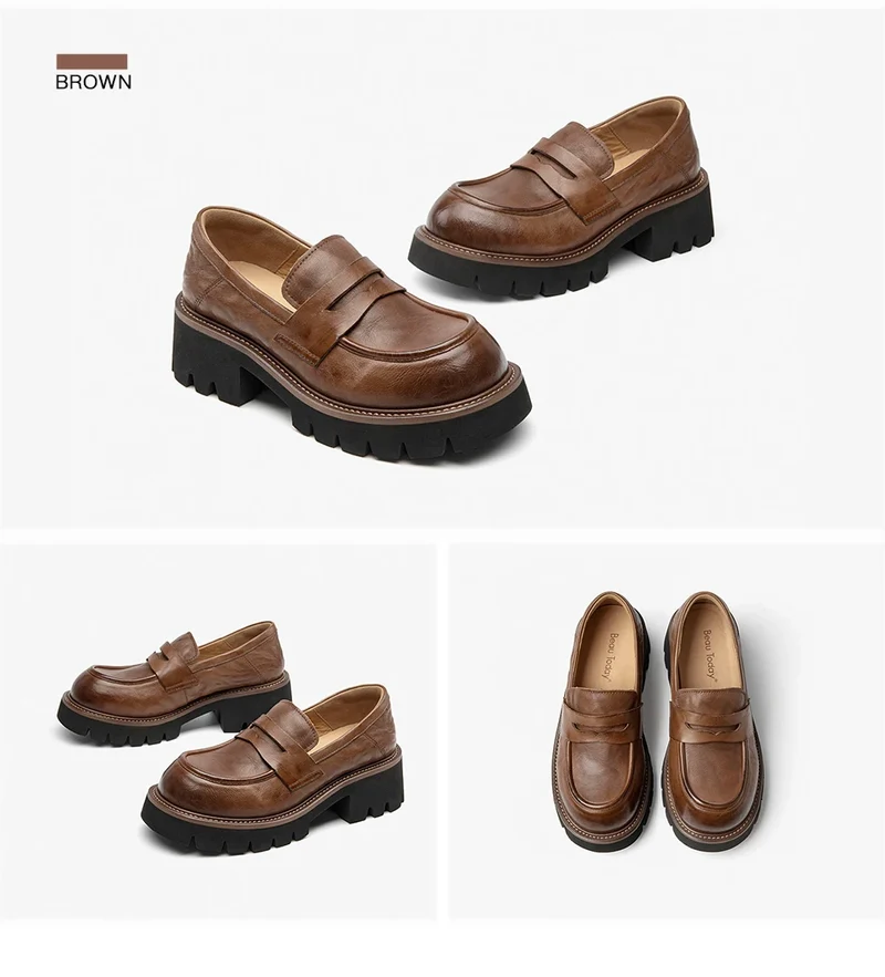BEAUTODAY Platform Loafers Women Embossing Cow Leather Dress Shoes Ladies Slip-on Flats Spring Autumn Handmade 26635