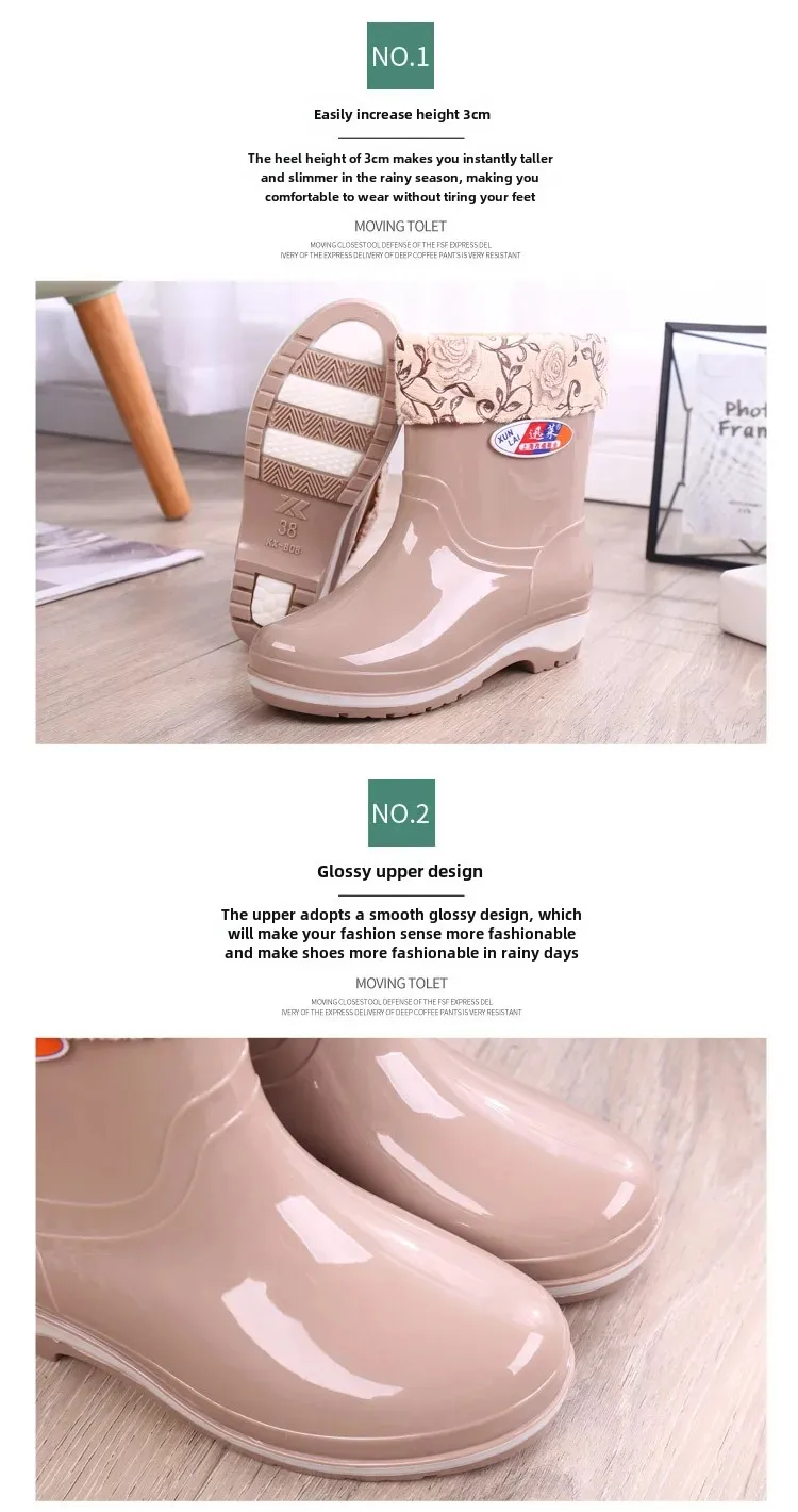 Women's Short Rain Shoes Non-slip Waterproof Rubber Boots Durable Wear-resistant Rain Boots Fleece Lined Warm Shoes Wholesale