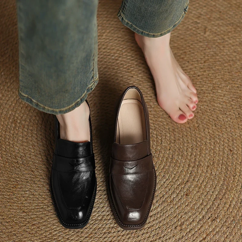 2026 New Spring Genuine Leather Women Shoes Round Toe Women Pumps Brogue Designs Shoes for Women High Heel Loafers Ladies Shoes