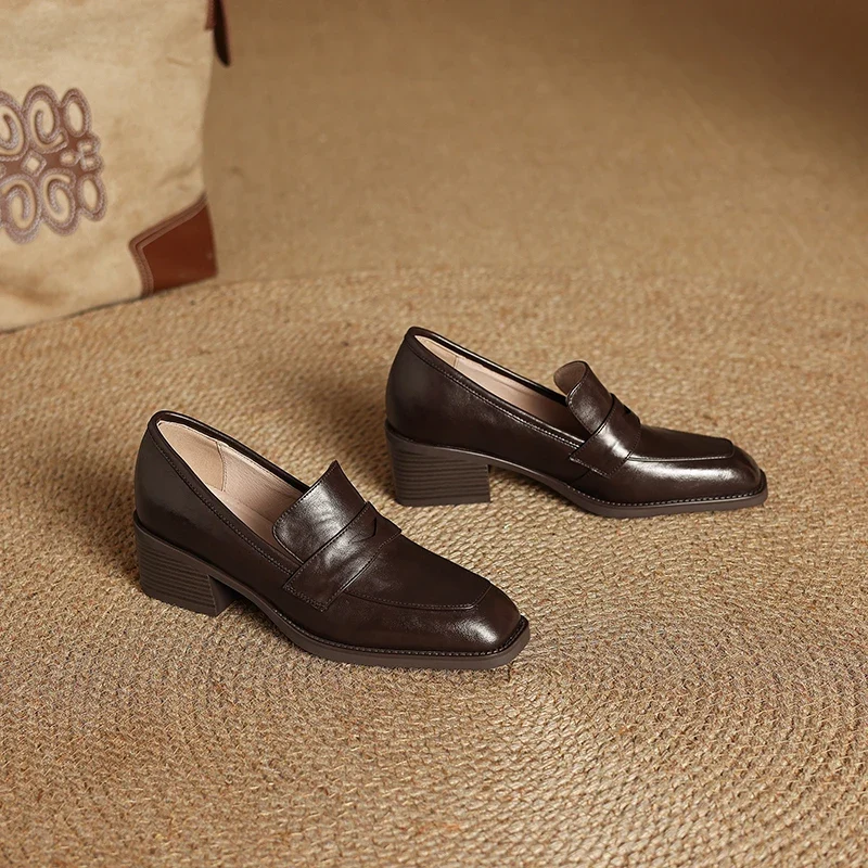 2026 New Spring Genuine Leather Women Shoes Round Toe Women Pumps Brogue Designs Shoes for Women High Heel Loafers Ladies Shoes