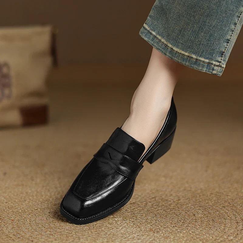 2026 New Spring Genuine Leather Women Shoes Round Toe Women Pumps Brogue Designs Shoes for Women High Heel Loafers Ladies Shoes