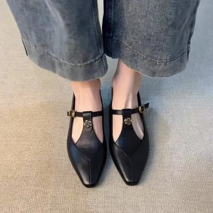 Ladies Black Leather Mary Jane Flats with Metal Rose T-Strap Slip On Casual Ballet Shoes Women's Comfortable Flats