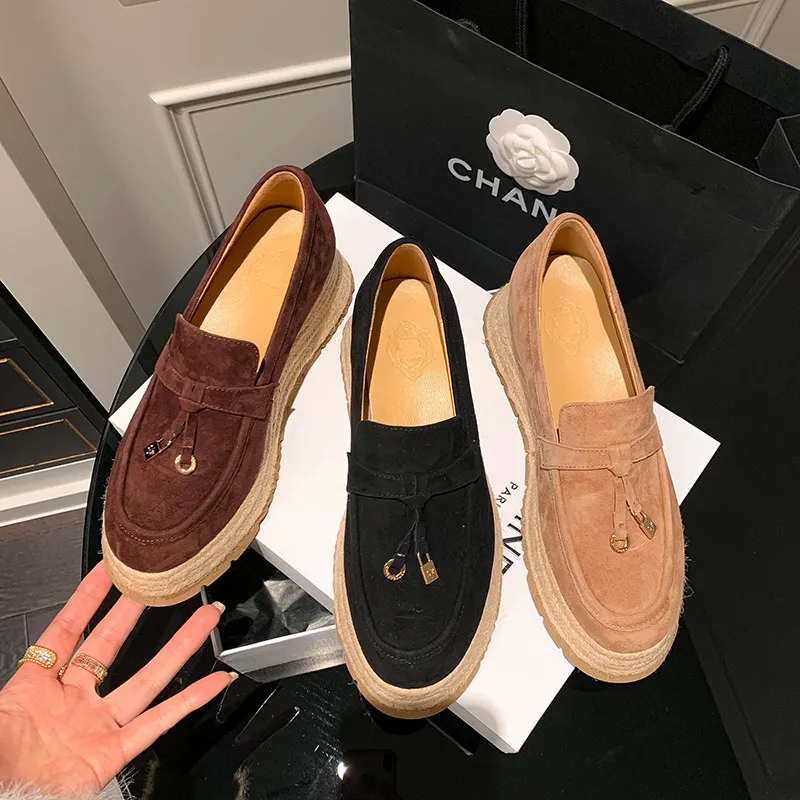 MKKHOU Fashion Loafers New High Quality Real Leather Suede Vintage Straw Braid Platform Shoes Daily Casual Light Shoes Neutral
