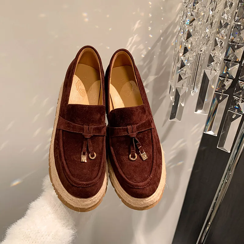 MKKHOU Fashion Loafers New High Quality Real Leather Suede Vintage Straw Braid Platform Shoes Daily Casual Light Shoes Neutral