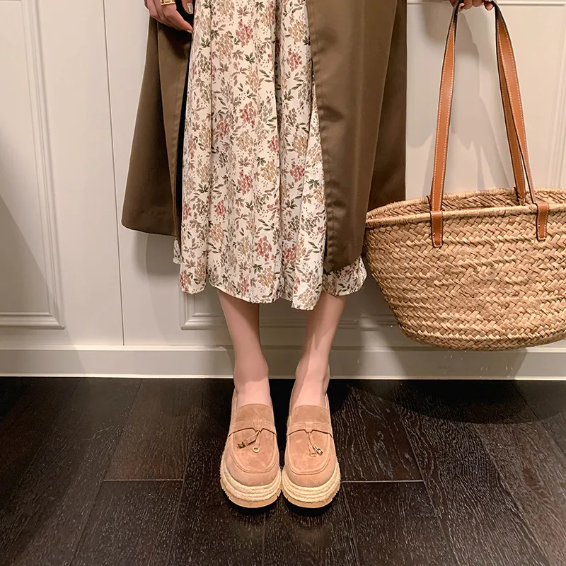 MKKHOU Fashion Loafers New High Quality Real Leather Suede Vintage Straw Braid Platform Shoes Daily Casual Light Shoes Neutral