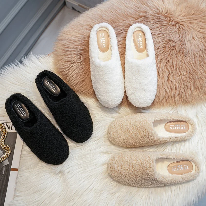 Big Size 43 Women Lambswool Slippers Winter Sheep Fur Shoes Ladies Flat Cotton Slides Home Pantuflas Daily Slip On Furry Mules