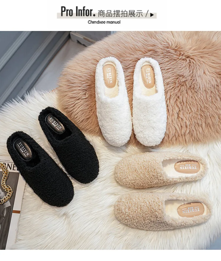 Big Size 43 Women Lambswool Slippers Winter Sheep Fur Shoes Ladies Flat Cotton Slides Home Pantuflas Daily Slip On Furry Mules