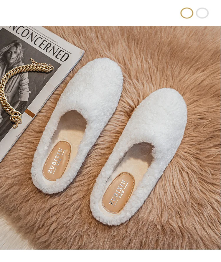 Big Size 43 Women Lambswool Slippers Winter Sheep Fur Shoes Ladies Flat Cotton Slides Home Pantuflas Daily Slip On Furry Mules