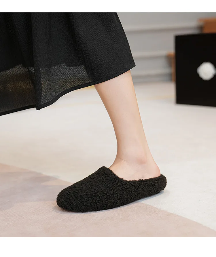 Big Size 43 Women Lambswool Slippers Winter Sheep Fur Shoes Ladies Flat Cotton Slides Home Pantuflas Daily Slip On Furry Mules