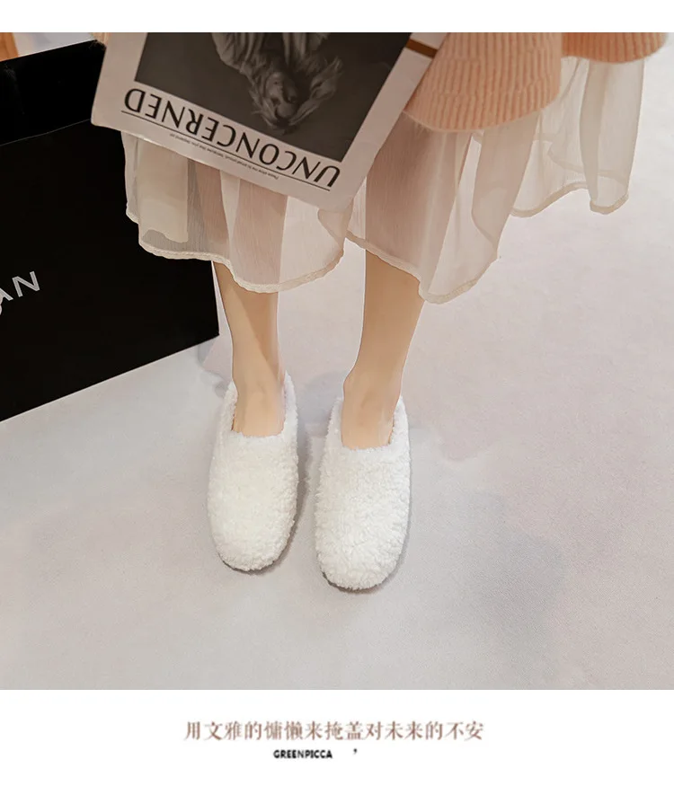 Big Size 43 Women Lambswool Slippers Winter Sheep Fur Shoes Ladies Flat Cotton Slides Home Pantuflas Daily Slip On Furry Mules