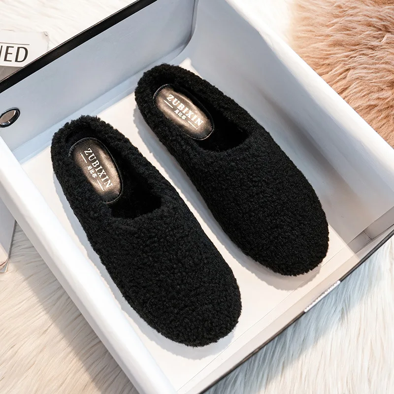 Big Size 43 Women Lambswool Slippers Winter Sheep Fur Shoes Ladies Flat Cotton Slides Home Pantuflas Daily Slip On Furry Mules