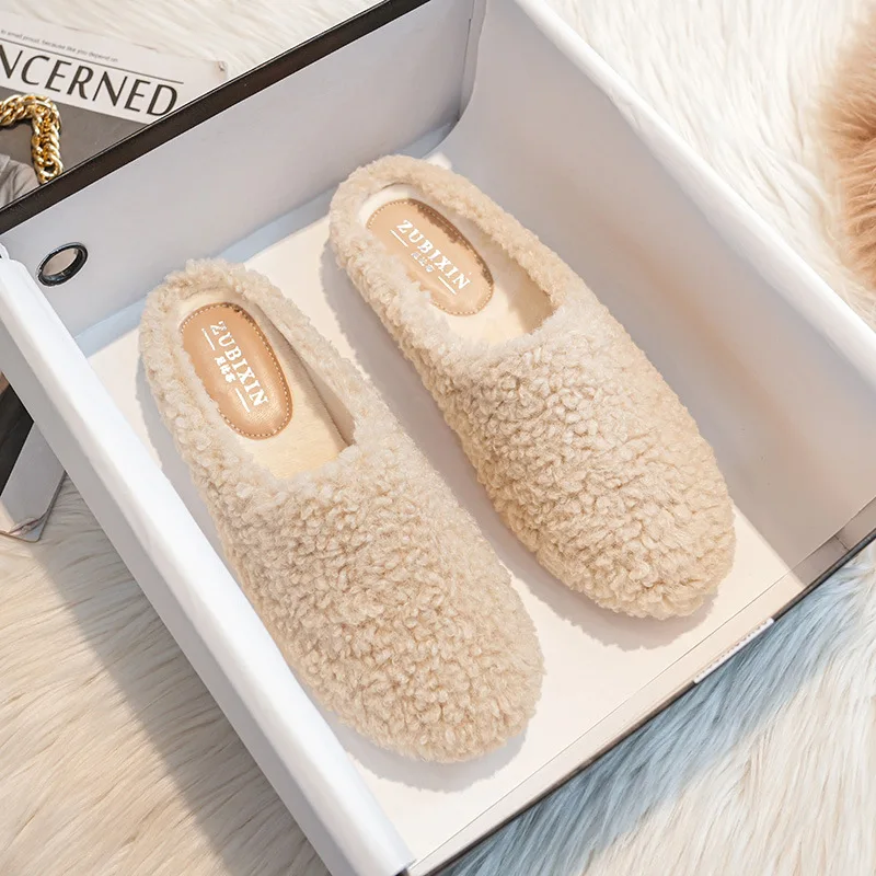 Big Size 43 Women Lambswool Slippers Winter Sheep Fur Shoes Ladies Flat Cotton Slides Home Pantuflas Daily Slip On Furry Mules