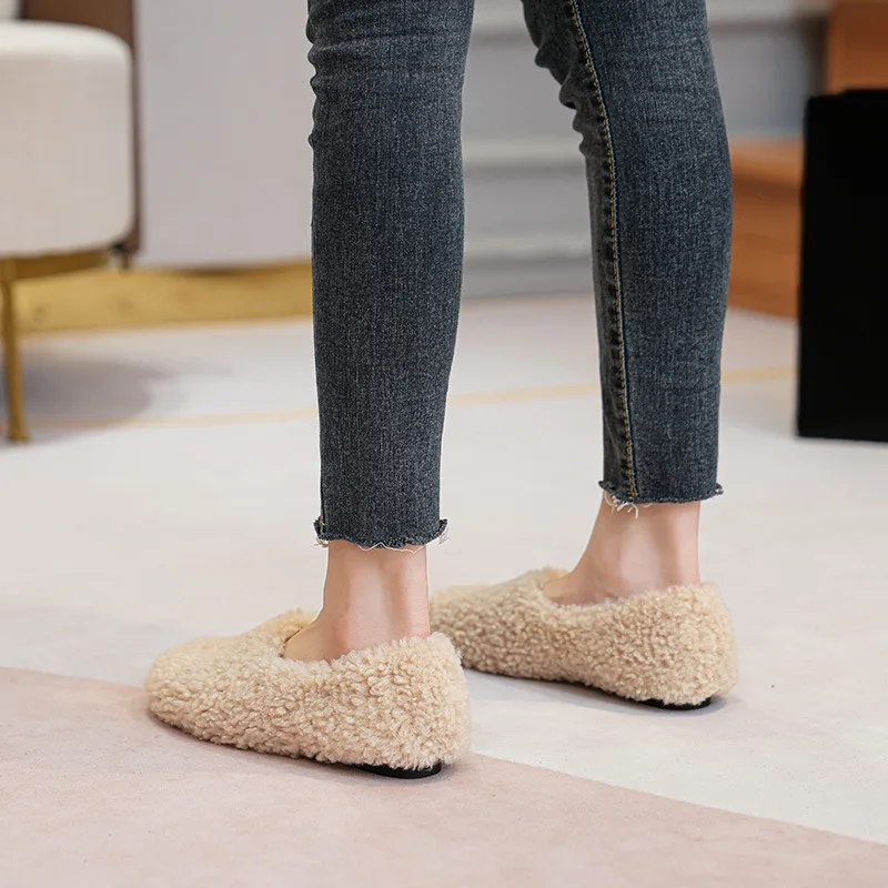 Big Size 43 Women Lambswool Slippers Winter Sheep Fur Shoes Ladies Flat Cotton Slides Home Pantuflas Daily Slip On Furry Mules