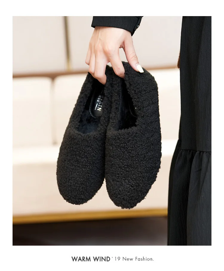 Big Size 43 Women Lambswool Slippers Winter Sheep Fur Shoes Ladies Flat Cotton Slides Home Pantuflas Daily Slip On Furry Mules