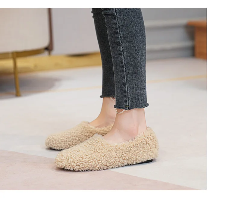 Big Size 43 Women Lambswool Slippers Winter Sheep Fur Shoes Ladies Flat Cotton Slides Home Pantuflas Daily Slip On Furry Mules