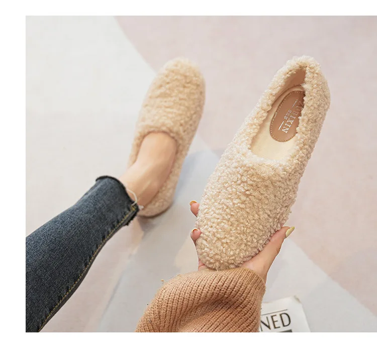 Big Size 43 Women Lambswool Slippers Winter Sheep Fur Shoes Ladies Flat Cotton Slides Home Pantuflas Daily Slip On Furry Mules