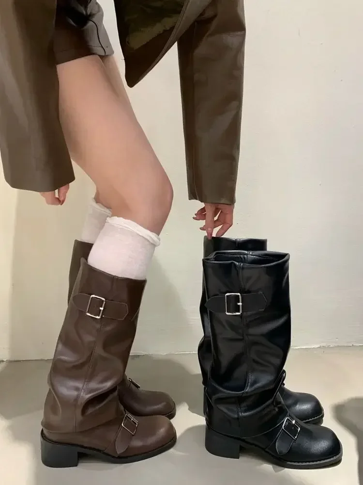 Woman Boots Knee High Platform Chunky Heels Trend Punk Gothic New Rock Leather Fashion Women's Shoes Motorcycle Footwear Q221