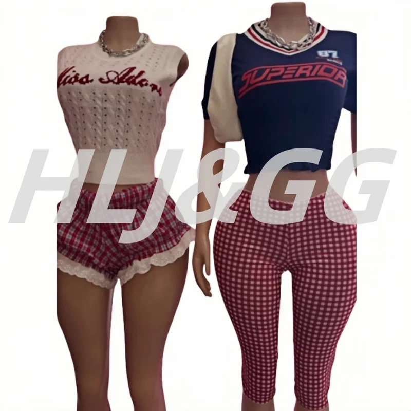 HLJ&GG White Knit Letter Fashion Y2K Outfits Women O Neck Sleeveless Slim Crop Top + Lace Plaid Shorts Two Piece Sets Streetwear