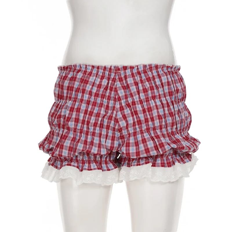 HLJ&GG White Knit Letter Fashion Y2K Outfits Women O Neck Sleeveless Slim Crop Top + Lace Plaid Shorts Two Piece Sets Streetwear
