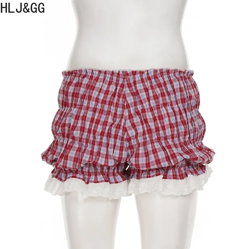 HLJ&GG White Knit Letter Fashion Y2K Outfits Women O Neck Sleeveless Slim Crop Top + Lace Plaid Shorts Two Piece Sets Streetwear