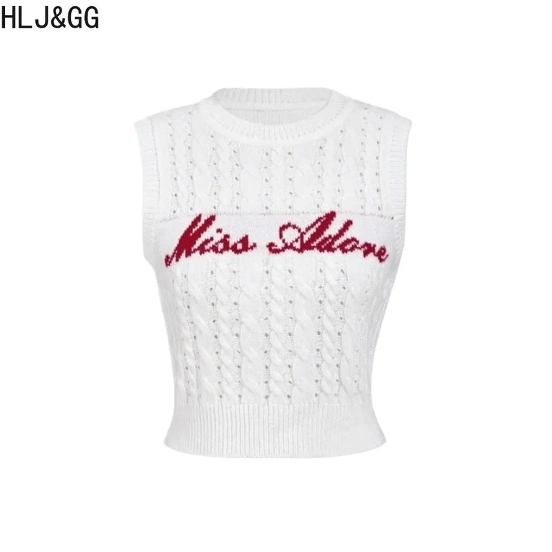 HLJ&GG White Knit Letter Fashion Y2K Outfits Women O Neck Sleeveless Slim Crop Top + Lace Plaid Shorts Two Piece Sets Streetwear