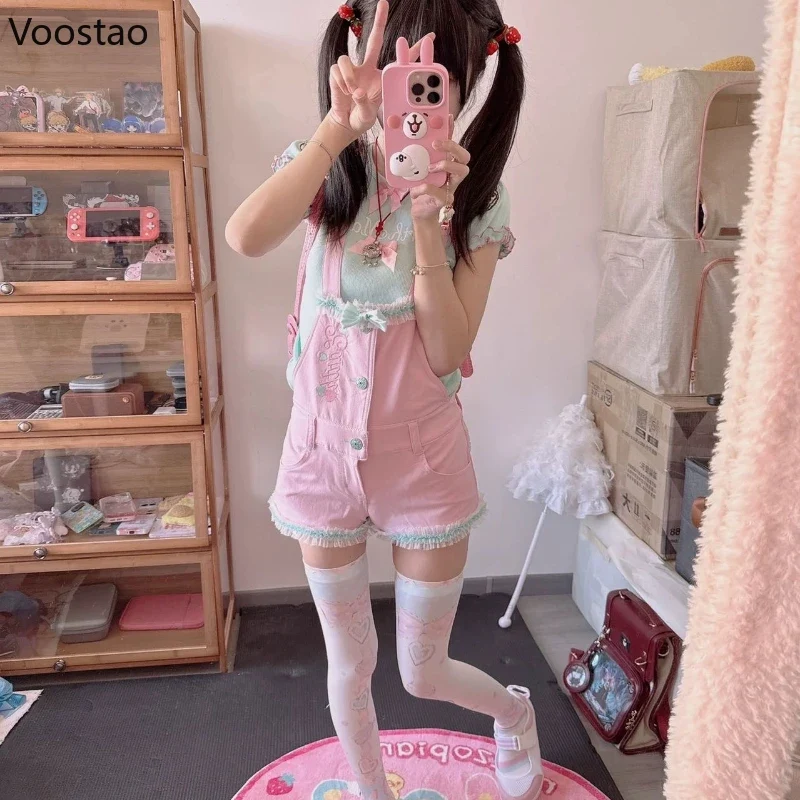 Japanese Kawaii Lolita Style Shorts T-Shirt Sets Women Sweet Cute Bow Cartoon Embroidery Tees Overalls Short Pants Y2k Outfits