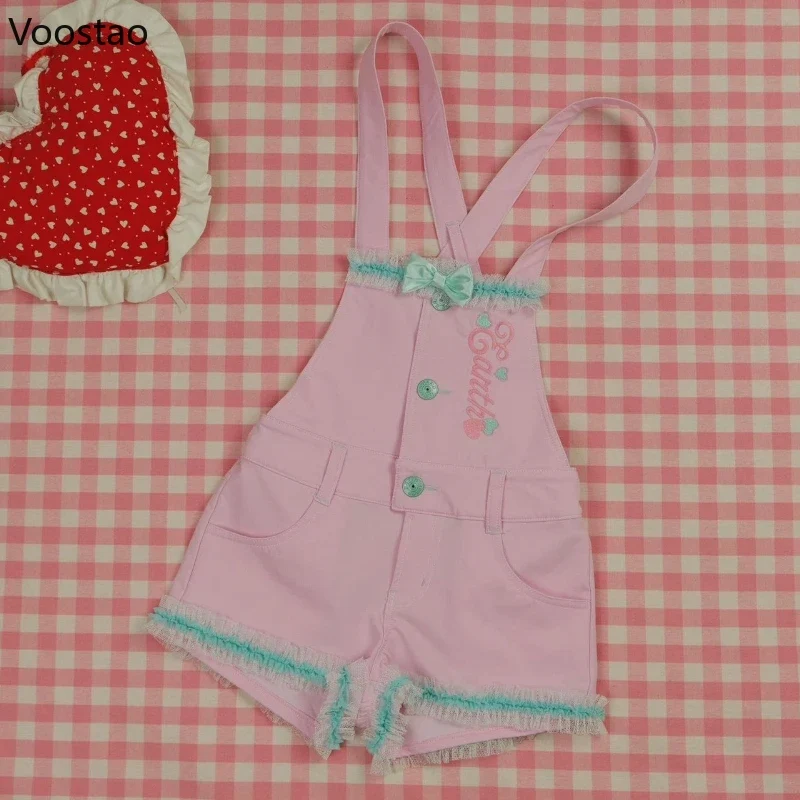 Japanese Kawaii Lolita Style Shorts T-Shirt Sets Women Sweet Cute Bow Cartoon Embroidery Tees Overalls Short Pants Y2k Outfits
