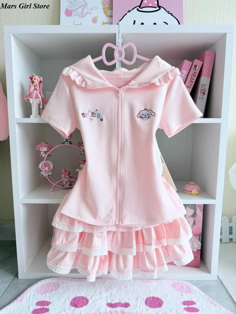 Japanese Kawaii Lolita 2-Pieces Set Women Sweet Rabbit Ear Zipper Hooded Tops + Cute Cake Mini Skirt Harajuku Y2k Outfits Summer