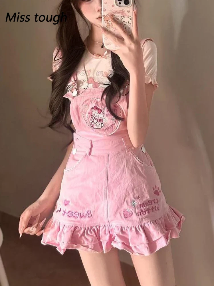 Sweet Girl Pink Overall Skirt Set Kawaii Strawberry Embroidery Ruffle Hem Cute Cartoon Print Jumper Outfit Summer Y2k Outfits