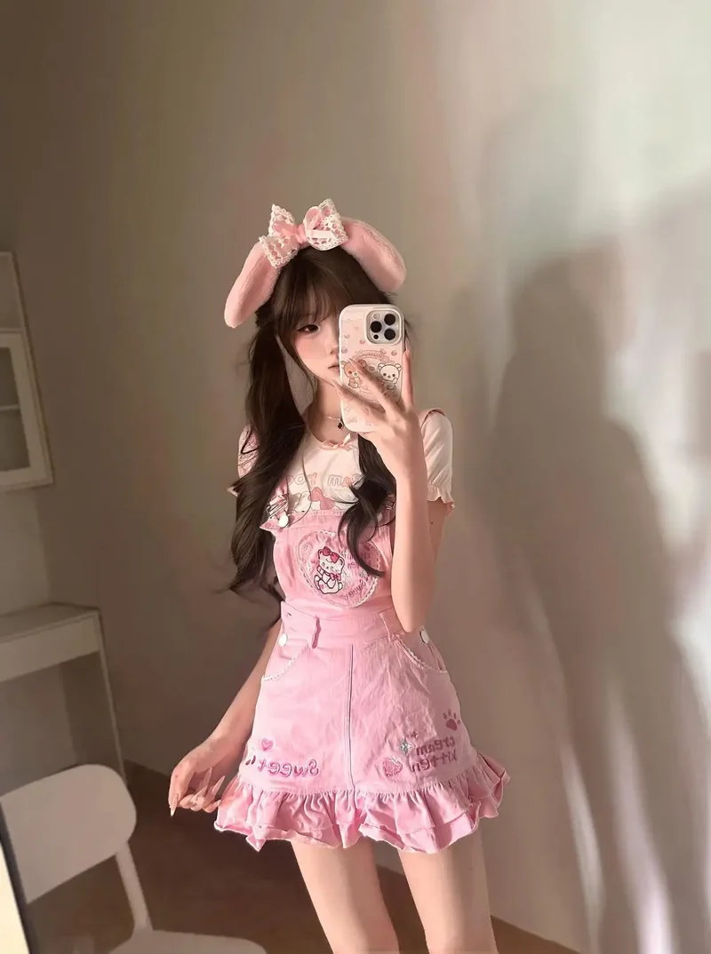 Sweet Girl Pink Overall Skirt Set Kawaii Strawberry Embroidery Ruffle Hem Cute Cartoon Print Jumper Outfit Summer Y2k Outfits
