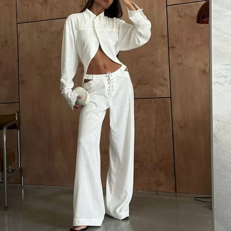 INS Loose Tracksuit Elegant Women Trousres Set Y2K Outfits Long Sleeve Irregular Blouse Top Lace Up Wide Leg Pants Two Piece Set