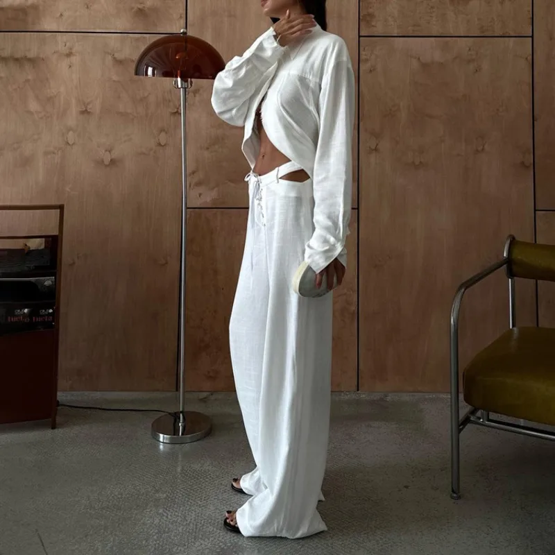 INS Loose Tracksuit Elegant Women Trousres Set Y2K Outfits Long Sleeve Irregular Blouse Top Lace Up Wide Leg Pants Two Piece Set