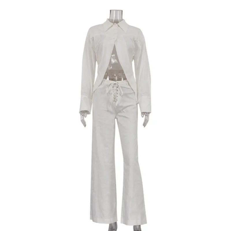 INS Loose Tracksuit Elegant Women Trousres Set Y2K Outfits Long Sleeve Irregular Blouse Top Lace Up Wide Leg Pants Two Piece Set