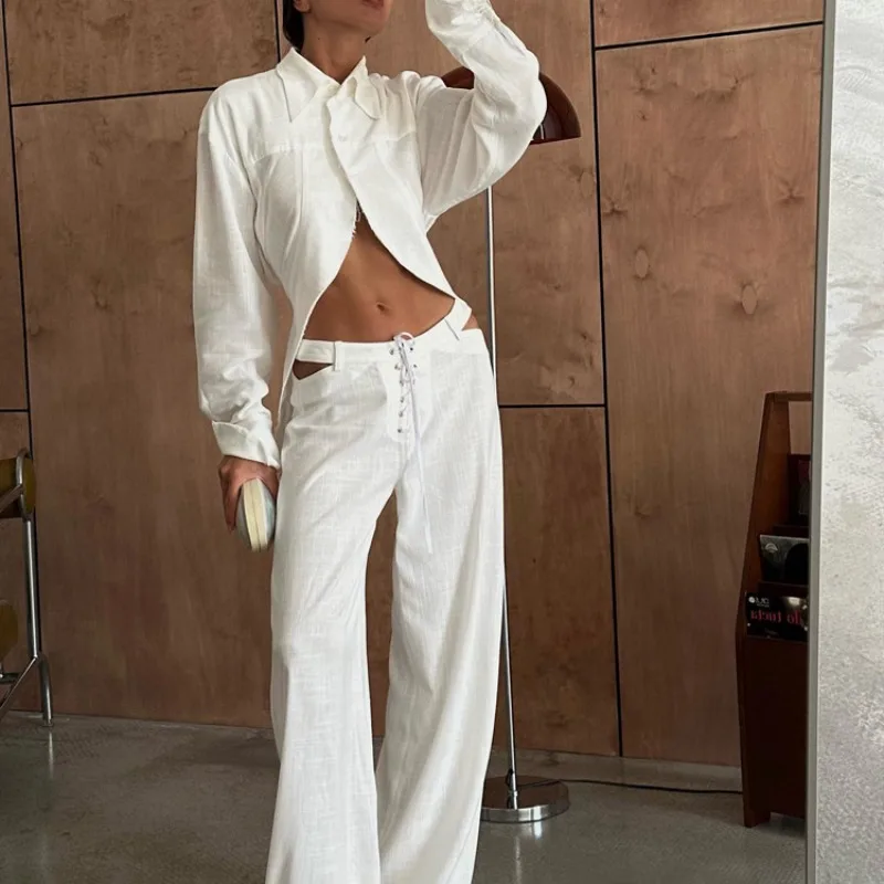 INS Loose Tracksuit Elegant Women Trousres Set Y2K Outfits Long Sleeve Irregular Blouse Top Lace Up Wide Leg Pants Two Piece Set