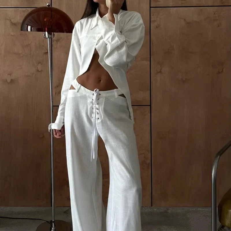 INS Loose Tracksuit Elegant Women Trousres Set Y2K Outfits Long Sleeve Irregular Blouse Top Lace Up Wide Leg Pants Two Piece Set
