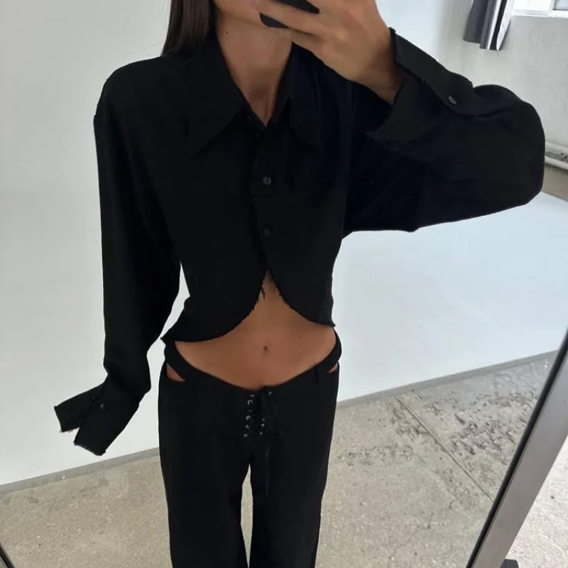 INS Loose Tracksuit Elegant Women Trousres Set Y2K Outfits Long Sleeve Irregular Blouse Top Lace Up Wide Leg Pants Two Piece Set