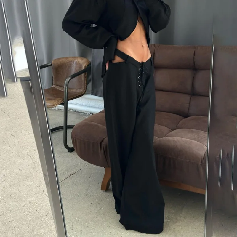 INS Loose Tracksuit Elegant Women Trousres Set Y2K Outfits Long Sleeve Irregular Blouse Top Lace Up Wide Leg Pants Two Piece Set