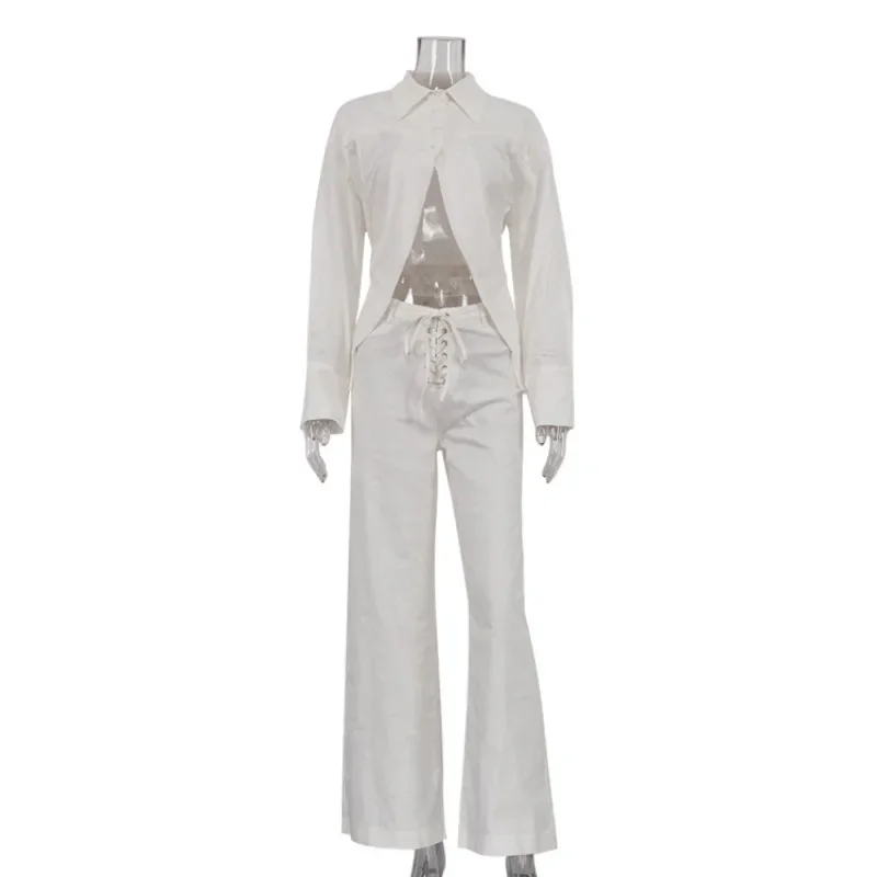 INS Loose Tracksuit Elegant Women Trousres Set Y2K Outfits Long Sleeve Irregular Blouse Top Lace Up Wide Leg Pants Two Piece Set