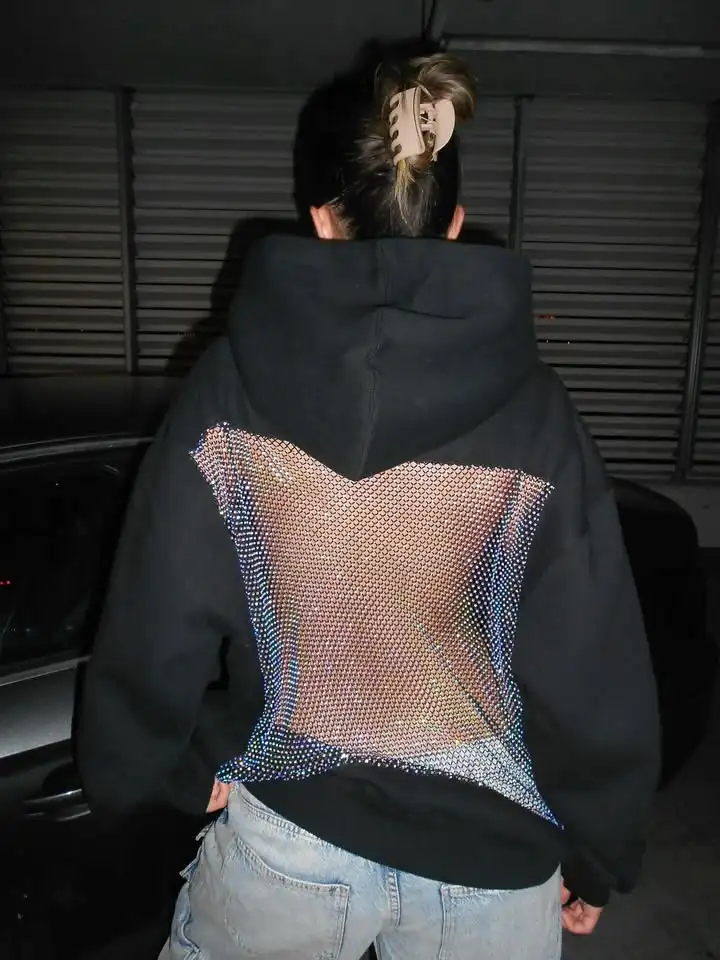 Russias Hot Selling Sexy Backless Sparkling Rhinestone Mesh Hoodie Y2K Womens Harajuku Fashion Oversized Hoodie Pullover Tops