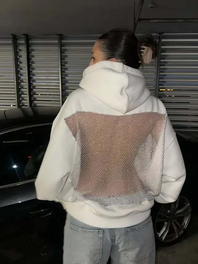 Russias Hot Selling Sexy Backless Sparkling Rhinestone Mesh Hoodie Y2K Womens Harajuku Fashion Oversized Hoodie Pullover Tops