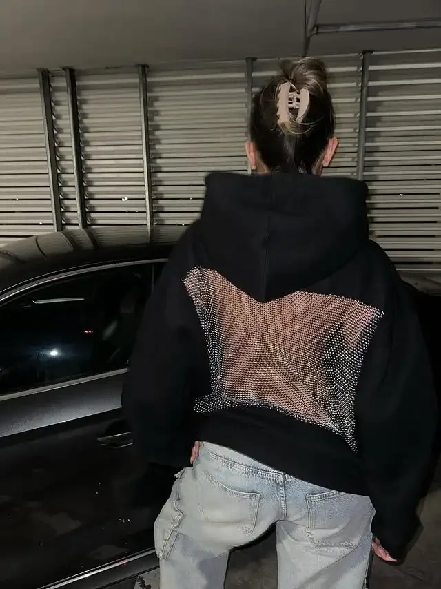 Russias Hot Selling Sexy Backless Sparkling Rhinestone Mesh Hoodie Y2K Womens Harajuku Fashion Oversized Hoodie Pullover Tops