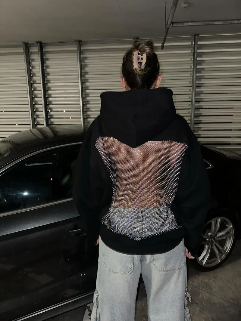 Russias Hot Selling Sexy Backless Sparkling Rhinestone Mesh Hoodie Y2K Womens Harajuku Fashion Oversized Hoodie Pullover Tops